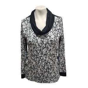 Dolcezza Abstract Print Cowl Neck Sweater Tunic Button Side Gray Black